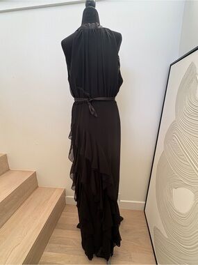 Black Halter Ruffle Maxi Dress with Tie Waist